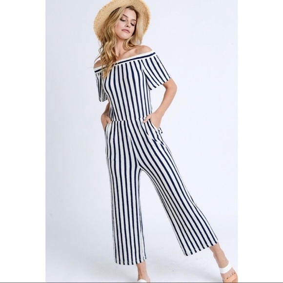 Pants - Navy & White Striped Off Shoulder Jumpsuit S M L